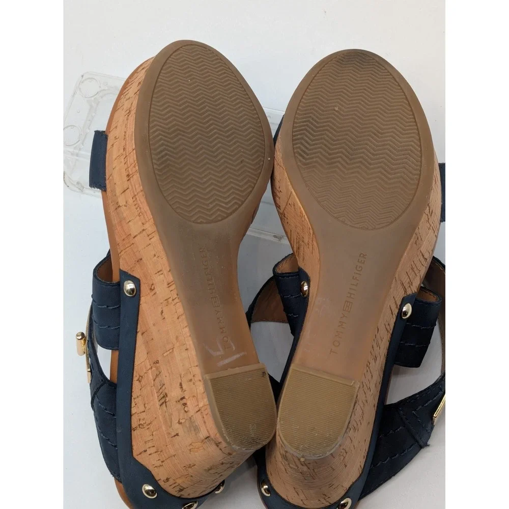 Tommy Hilfiger Womens 8.5M Navy Blue Cork Wedge Sandals Platform Gold Hardware